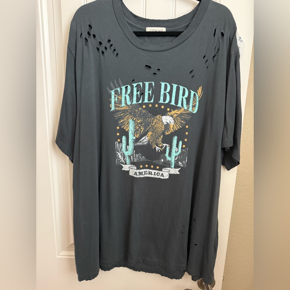 Free Bird Distressed Graphic Tee - Charcoal